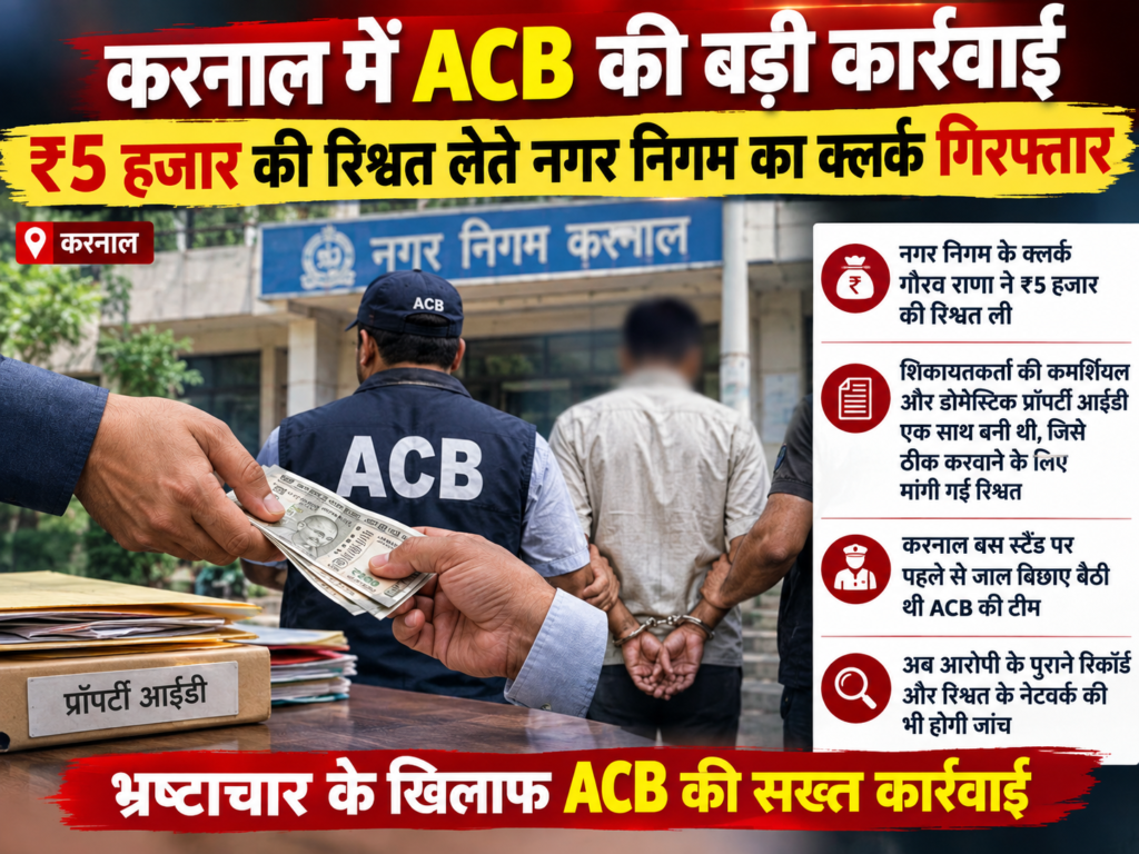 करनाल में ACB की बड़ी कार्रवाई, ₹5 हजार की रिश्वत लेते नगर निगम का क्लर्क गिरफ्तार